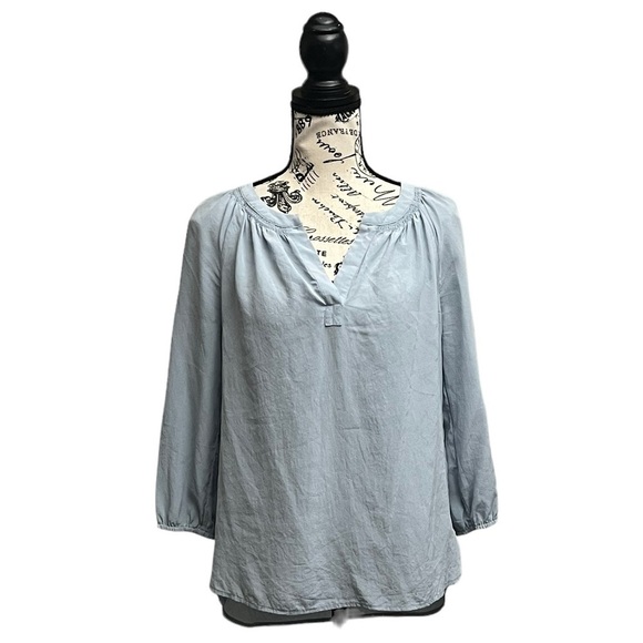 Max Studio Blouse Shirt Women Peasent Boho Beigeish Blue 3/4 Sleeve Silk XS - Picture 2 of 10